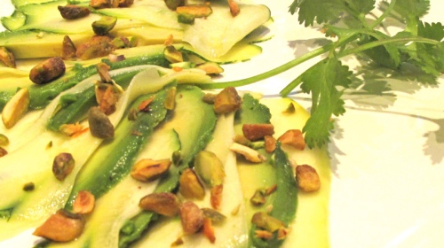 For this "simple man's" zucchini carpaccio, I used a potato peeler to create paper-thin zucchini ribbons.